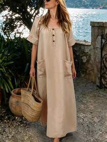 Textured Linen Square Neck Pocket Long Sun Dress, Beige Casual Beach Vacation Maxi Dress, Suitable For Summer, Autumn And Independence Day Country Trip - Champagne - View 5