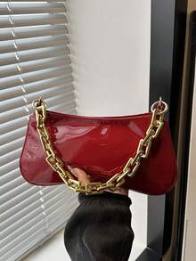 1pc Shiny Solid Gold Chain Decor Underarm Baguette Bag - Burgundy - View 8