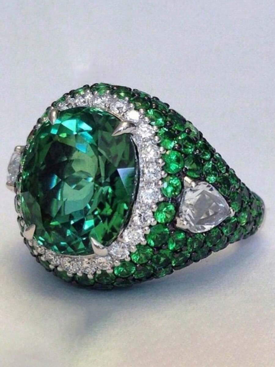 1 chiếc nhẫn nam thời trang cao cấp đính đá Zirconia xanh bóng, quà tặng trang sức cho đám cưới, lễ đính hôn, tiệc tùng. - Bạc - Xem 1