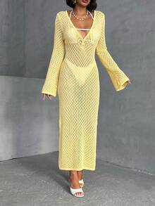 Vacation Beach Solid Color Hollow Out Knit Cover Up Dress - Yellow - View 6
