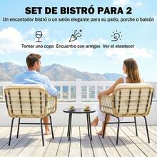 Outsunny Conjunto de Jardín Exterior de 3 Piezas, Muebles Jardín Exterior de Ratán PE, 2 Sillas con Cojines Suaves y Mesa de Vidrio Templado, Resistente a la Intemperie, para Balcón, Patio, Beige - A - Ver 2