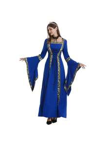 Medieval Retro Hooded Halloween Dress, Square Neckline, Lace-Up Detailing, Flared Sleeves, Full Hem, Stage Performance Costume - 837 Black and Red [Skirt + Tie-up] - View 6