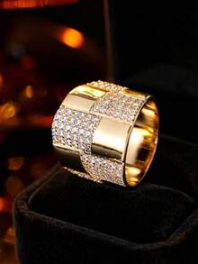 1pc Luxury Wide Band Fully Paved Crystal Ring, Exuding High-End Aura - Gold - View 5