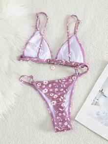 2pcs Set Bikini Renang Wanita Seksi Motif Bunga dengan Tali Depan, Cocok untuk Pantai Musim Semi/Panas, Resor, Pertunjukan Panggung, dan Pesta Liburan, Warna Pink - Berwarna merah muda - View 3