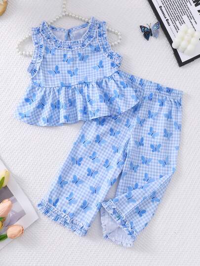 2pcs Baby Girl Princess Style Set, Cute Plaid & Butterfly Print, Non-Stretch Fabric, Regular Fit, Suitable For Spring/Autumn Outdoor Wear