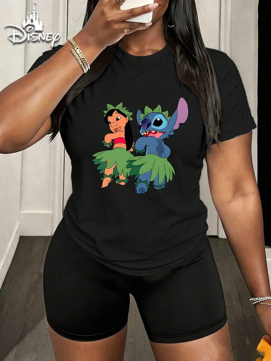 [Disney 2-Piece Casual Women's Set] Disney 'Lilo & Stitch' 'Forever Best Friends' Cartoon Print Crew Neck Short Sleeve T-Shirt And Cycling Shorts Women's Outfit Set, Summer Street, Daily Vacation, Casual Home Wear - màu đen - Xem 1