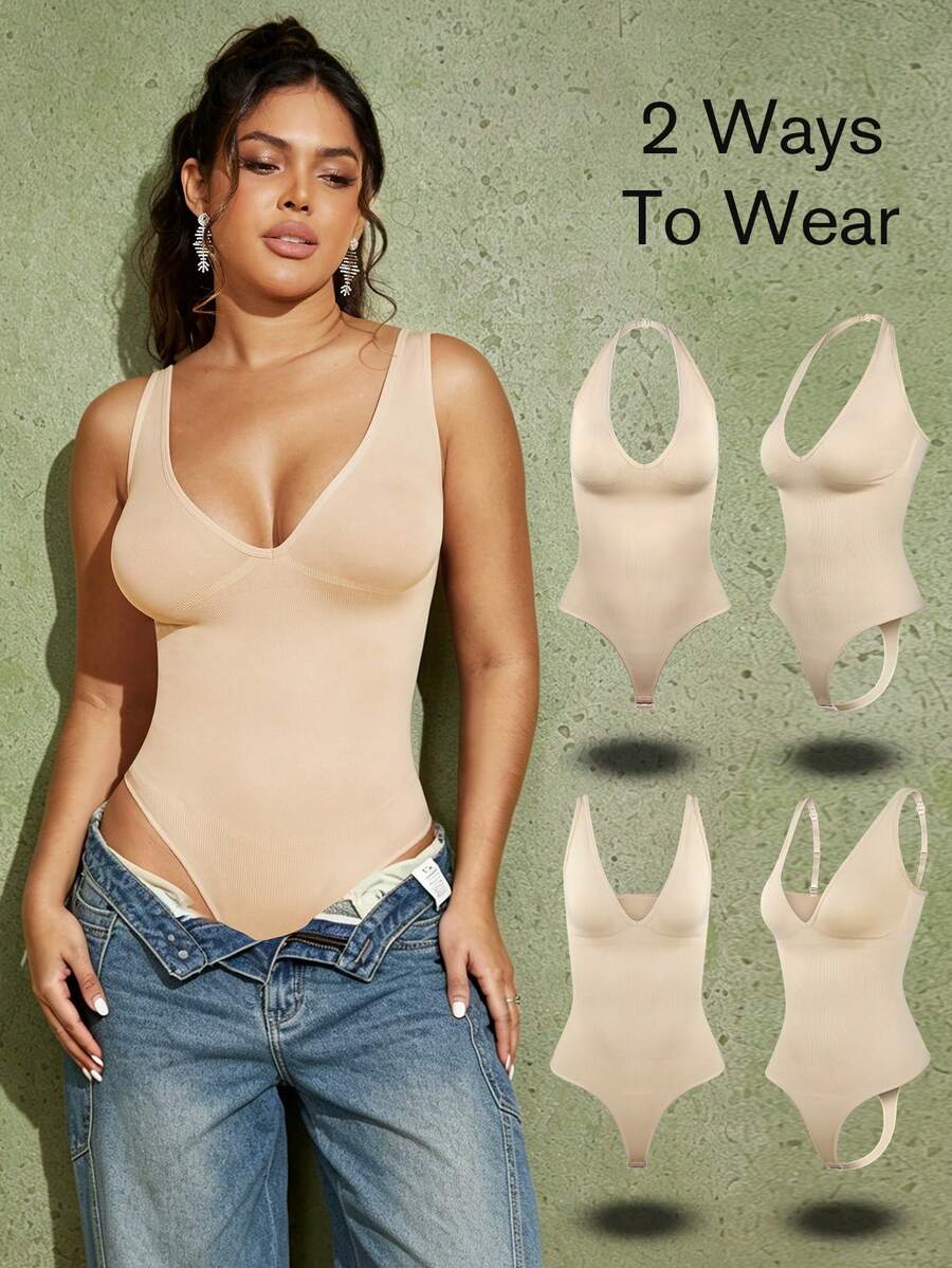 1pc Women's Seamless Removable Strap Camisole, Waist & Abdomen Shaping, Swimsuit Style Shapewear, Can Be Worn With Or Strapless