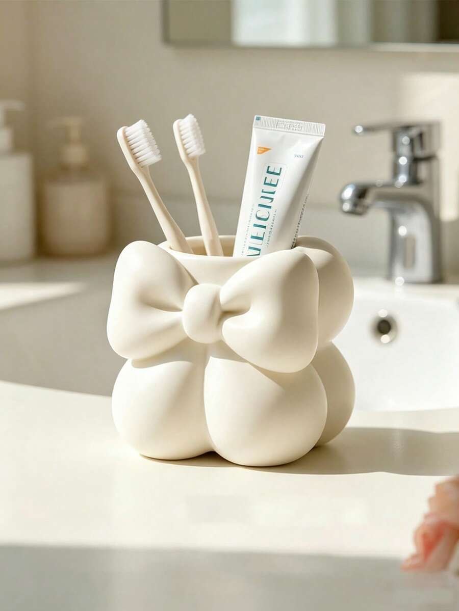 Mini Cream Bow Creative Fun Toothbrush Holder, Toothbrush Cup, Desktop Storage Rack, Can Hold Toothbrush, Toothpaste, Flower Pot, Vase, Vanity Decor, Bathroom Supplies. Warm Home Bathroom Decor Autumn Decor Back To School Season - Multicolor - View 1