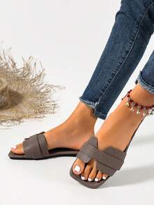 Ximi Ruo New Spring/Summer Fashion Casual Strap Slide Sandals, Comfortable Flat Heel Round Toe Slip-On Beach Slippers, Versatile Decorative Flat Sandals For Summer - Grey - View 6