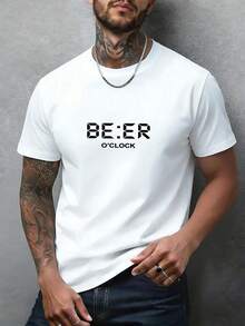Men's White T-Shirt With Front Print Of Letters And Numbers - Creative Stopwatch Design, Urban And Casual Style, Short Sleeve Cotton T-Shirt - 白色 - 查看 8