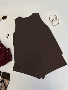 Women's Knit Sexy Top And Shorts Set, Suitable For Daily Wear, Vacation, Japanese Style - Chocolate Brown - View 3