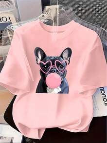 Plus Size, Women's Summer New Arrival T-Shirt With Short Sleeves, Featuring A Cartoon Print Of A -Gray French Bulldog Wearing Pink Heart-Shaped Glasses And Blowing Pink Bubble Gum. A Casual And Fashionable Printed Tee For Women, Elegant Women's - 粉色 - 查看 6