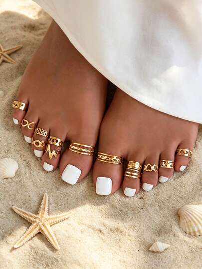 13pcs Fashionable Minimalist Elegant Heart, Star, Moon, Lightning Bolt Gold Toe Ring Set, Suitable For Women Summer Beach, Date, Party, Gift For Girlfriend, Wife, Mother, Friend, Daily Wear (No Box)
