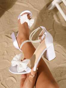 Summer Fashion Faux Pearl Bowknot Open Toe High Heel Shoes, White Satin Strap Thick Heel Sandals, Sexy Round Toe Super High Heel Sandals For Women, Comfortable To Wear For Long, Suitable For Wedding, Party And Banquet - trắng - Xem 1