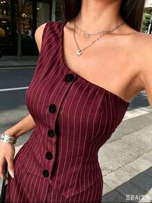 Elegant Women's Two-Piece Set In Burgundy, Consisting Of A Sleeveless Blazer With An Asymmetrical Neckline And Pinstripes, And Long Wide-Leg Trousers. Ideal For Autumn Looks. - 酒紅色 - 查看 4