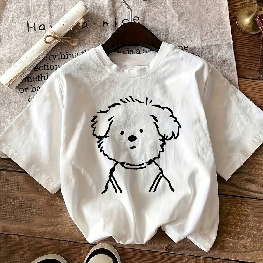 Cute Dog T-Shirt Cartoon Print T-Shirt, Women's T-Shirt Round Neck Short Sleeve Women'S Top, Ladies Casual Athletic T-Shirt 100% Cotton Crew Neck Tee Soft Texture Fabric Breathable Women Tee Round Neck Top Women's Short Sleeve Seasonal Fashion Cotton Unisex T-Shirt Comfortable Unisex Short-Sleeve Mom T-Shirts, Mother's Day T-Shirts Man Tee Man's T-Shirt - 白色 - 查看 1