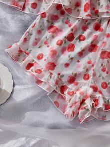 Bộ đồ ngủ lưới gợi cảm dành cho nữ, phối họa tiết hoa tương phản, viền bèo nhún, cổ chữ V sâu. - Hồng - Xem 5