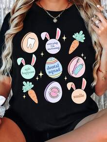 Camiseta gráfica de Pascua del escuadrón dental de las mujeres - humor del dentista vintage con orejas de conejo y diseño de dientes, camiseta casual de cuello redondo de estiramiento suave para asistentes dentales, regalos de clínica, lavable en la máquina de verano, regalos de higienista dental, ropa de fiesta, diseño festivo divertido, tela elástica - Negro - Ver 2