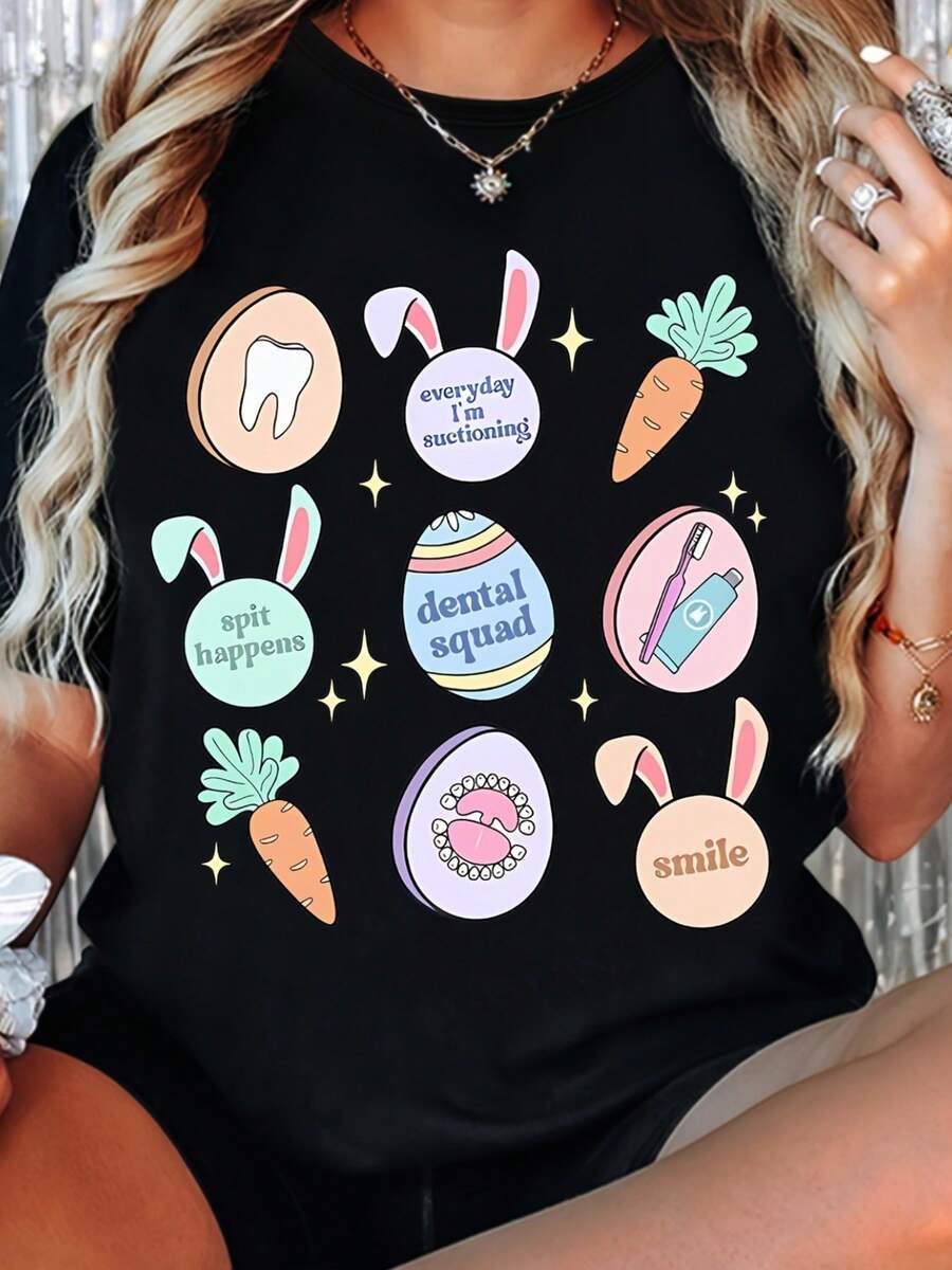 Camiseta gráfica de Pascua del escuadrón dental de las mujeres - humor del dentista vintage con orejas de conejo y diseño de dientes, camiseta casual de cuello redondo de estiramiento suave para asistentes dentales, regalos de clínica, lavable en la máquina de verano, regalos de higienista dental, ropa de fiesta, diseño festivo divertido, tela elástica
