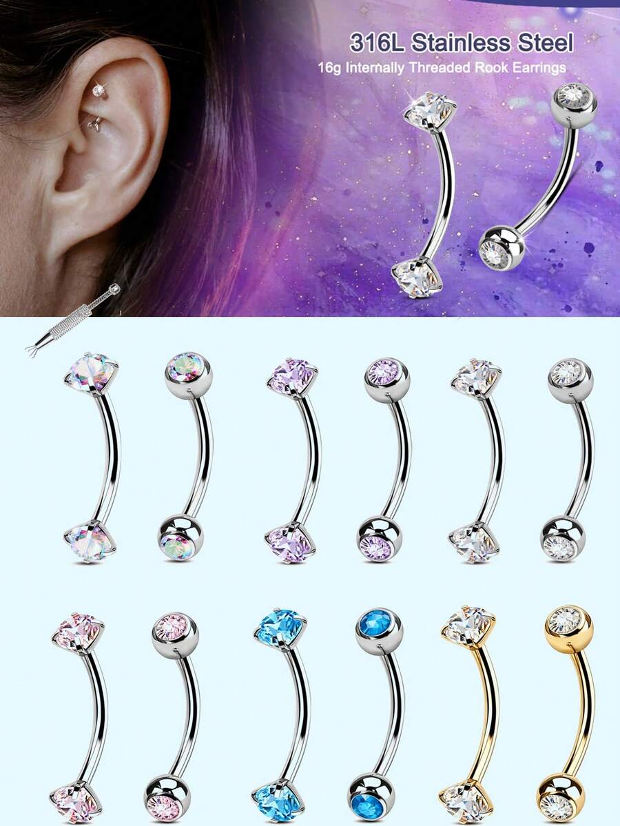 16G Rook Piercing Jewelry Internally Thread Rook Earring For Women Surgical Steel Eyebrow Piercing Jewelry 8MM Curved Barbell Vertical Labret Jewelry - Bead-grabbing Pliers + Eyebrow Stud Set - View 1