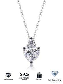 Heart-Shaped Moissanite 925 Sterling Silver Pendant Clavicle Chain, Handmade Fashion Jewelry For Women, Ideal Gift For Wedding & Valentine's Day - Silver - View 2
