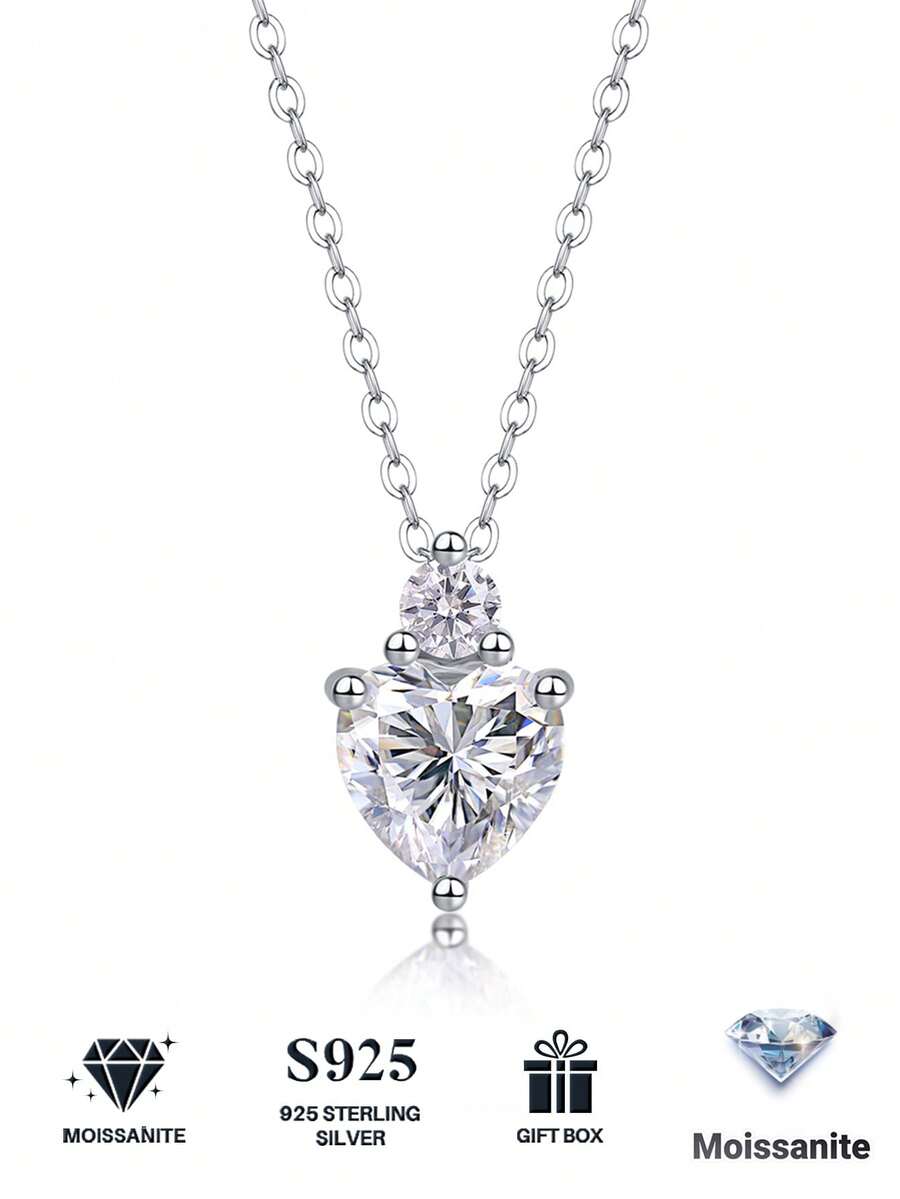 Heart-Shaped Moissanite 925 Sterling Silver Pendant Clavicle Chain, Handmade Fashion Jewelry For Women, Ideal Gift For Wedding & Valentine's Day
