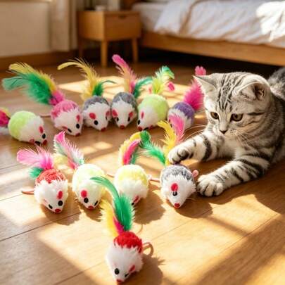 2pcs Random Color Cat Toys, Plush Small Mouse With Feather Tail, Interactive Cat Toys That Make Crinkle Sounds To Help Cats Entertain Themselves At Home, Soft Plush Colorful Feather Mouse Cat Toys, Durable Scratch-Resistant Cat Supplies, Cute And Fun Cat Game Accessories