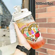 1个/5个装 500毫升返校主题便携式塑料吸管杯。这款高颜值透明旅行杯印有卡通校车、恐龙、铅笔图案和趣味文字，充满童趣和活力。 - 彩色 - 查看 15