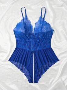 Mono de lencería sexy con parches de encaje para mujer de talla grande - Azul - Ver 3