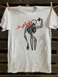 Funnkeleton & Roses Women's Graphic T-Shirt - Casual Short Sleeve Crew Neck Lightweight Stretch With Skeleton And Red Roses Print, White With Black Lettering, All Season Comfort Fit, H-Line Regular Fit For Everyday Casual Wear, Relaxed Outfit, Weekend Outfit, Playful Design, Breathable Material, Soft Texture, Printed T-Shirt, Adult, Carriers - 白色 - 查看 1