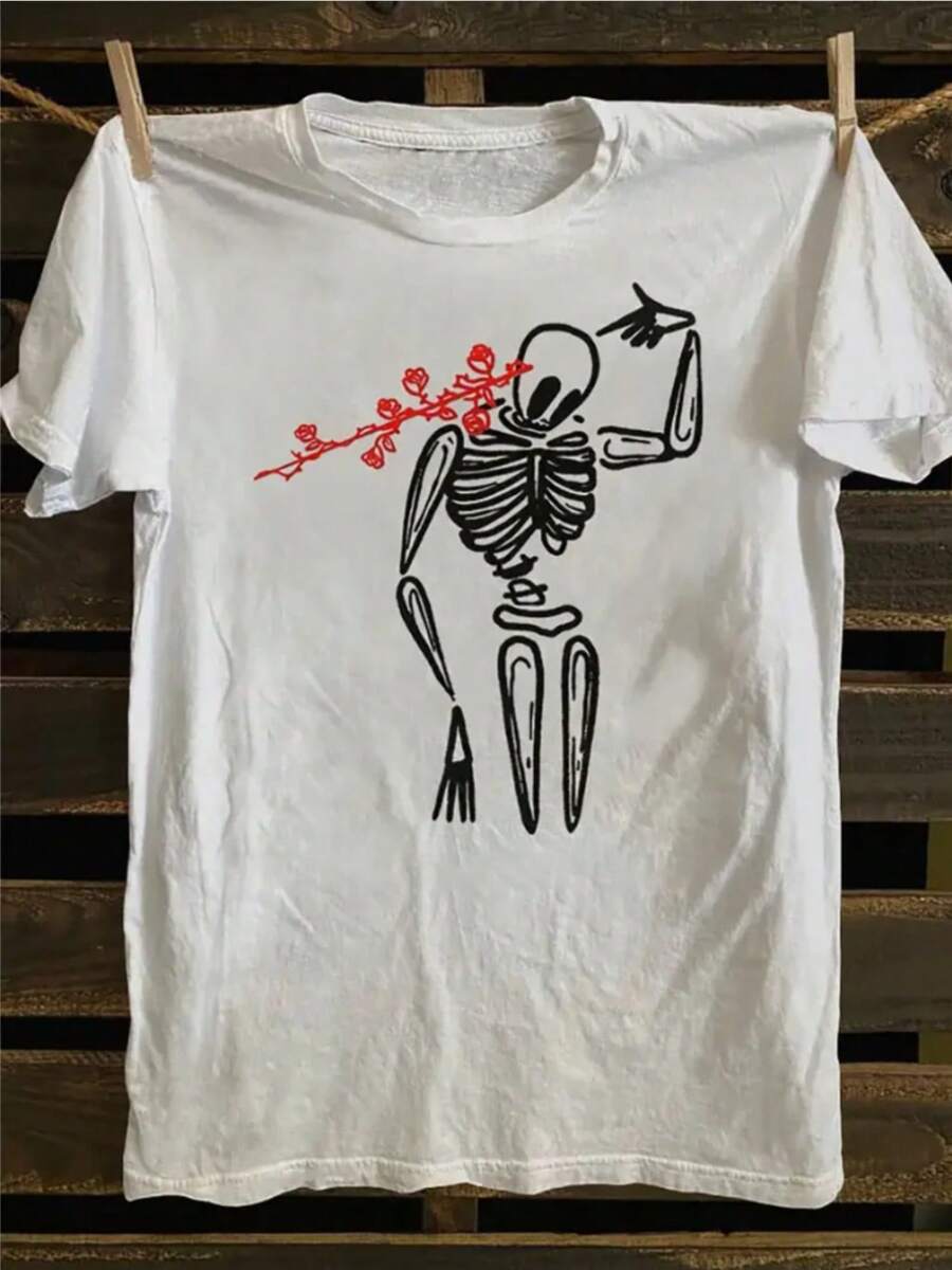 Camiseta gráfica Funnkeleton & Roses de mujer - Casual corto Sve cuello redondo ligero estiramiento con esqueleto y rosas rojas impresión, blanco con letras negras, Toda la temporada confort ajuste, H-línea regular ajuste para el uso casual diario, traje relajado, traje de fin de semana, diseño juguetón, material transpirable, textura suave, camiseta impresa, adulto, portadores