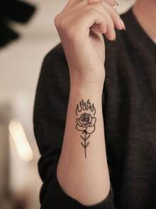 1 Sheet Of Tattoo Stickers, Simple Line-Drawn Rose, Butterfly, Angel, Floral, And English Collection, Temporary Tattoo Stickers, Washable, PVC, Disposable, Waterproof And Sweatproof For Arms, Waist, Back, Legs, Non-Reflective, Realistic Tattoo, Suitable For Individuals, For Daily Use, Lasting 3-5 Days - Black - View 5