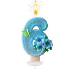 创意畅销0-9数字字母生日蜡烛，手工DIY生日蛋糕，节日主题派对装饰蜡烛，浅蓝色、绿色蝴蝶花、桃花、闪光、彩色绘画，优雅，婚礼，生日庆祝，周年纪念派对蜡烛 - 淺藍色三花拼蝴蝶 - 查看 2