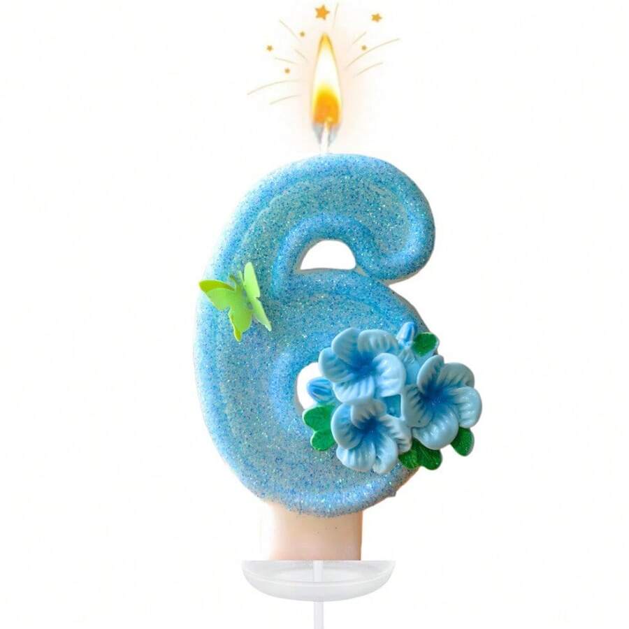 创意畅销0-9数字字母生日蜡烛，手工DIY生日蛋糕，节日主题派对装饰蜡烛，浅蓝色、绿色蝴蝶花、桃花、闪光、彩色绘画，优雅，婚礼，生日庆祝，周年纪念派对蜡烛