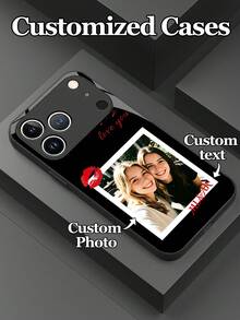 1 carcasă de telefon personalizabilă cu fotografie și text, cu design minimalist cu buze roșii, material din sticlă securizată, compatibilă cu 17 ProMax/17 Air/15/16 Pro/14 Plus/13 Pro/12 Pro Max/11/Xs Max/8/7/6 Plus, S24 Ultra/S25 Ultra, NOTE 13/14, K40, Mi 11, cadou ideal pentru Ziua Îndrăgostiților, nuntă, aniversare pentru iubit, iubită, familie, prieteni, bunici, cupluri - Negru - Vizualizare 4