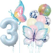 10件組蝴蝶主題生日氣球套組，藍色1-9數字鋁箔氣球，粉色與藍色亮片乳膠氣球，適合蝴蝶主題生日派對與嬰兒洗禮裝飾 - 蝴蝶氣球套裝 - 查看 12