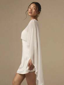 2pcs/Set Women's Satin Bias Cut Mini Dress & Cape Shawl, Solid Color Cocktail Dress For Wedding, Party, Event, Vacation, White - trắng - Xem 7