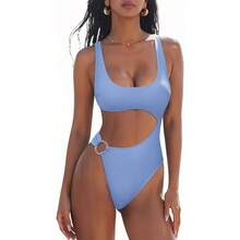 Women's Cutout One Piece Swimsuit, Scoop Neck High Cut Monokini With Side Cutout & Gold Ring Accent, Tummy Control Swimwear For Beach, Pool And Summer Vacation, 7 Colors Available - 淺藍色2697-3 - 查看 9