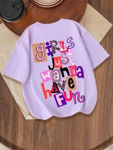 Girls Just Wanna Have Fun' Printed Casual Short Sleeve T-Shirt For Teen Girls - Mauve Purple - View 3