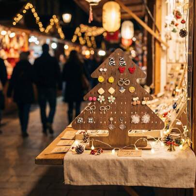 Giá đỡ bông tai bằng gỗ hình cây thông Noel, giá trưng bày trang sức phong cách ngày lễ, hộp đựng bông tai trang trí nhà cửa.
