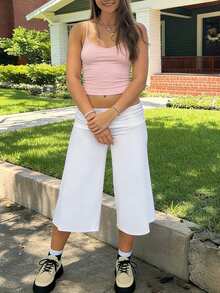 Women 's Fold Over Lounge Capris Wide Leg Low Rise Cropped Gaucho Pants Solid Color Flowy Pajama Bottom - 白色 - 查看 2