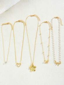 5 Peças por Conjunto. Colar de Pingente com Laço em Formato de Coração Único Design para Mulheres. Conjunto de Colar de Contas Personalizado e Versátil. - Multicolorido - Visão 3