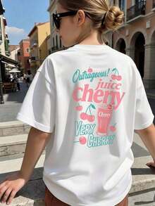 Short-Sleeved T-Shirt With Round Neck And Hibiscus Floral Print And Slogan, Minimalist And Fresh Casual Style For Teenage Girls, Ideal For Summer. - 粉色 - 查看 12