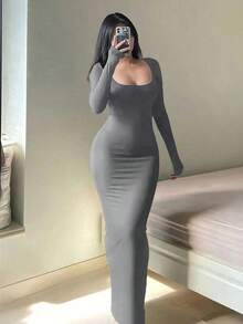 Vestido ajustado liso de manga larga para mujer, vestido largo elegante básico minimalista informal con cuello redondo, ropa de mujer - Gris - Ver 1