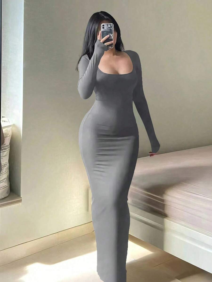 Vestido ajustado liso de manga larga para mujer, vestido largo elegante básico minimalista informal con cuello redondo, ropa de mujer - Gris - Ver 1