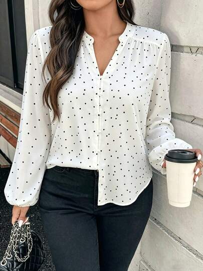 Plus Size Polka Dot Chiffon Long Sleeve Stand Collar Women Blouse With Button Detail