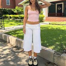 Women Fold Over Lounge Capris Wide Leg Cropped Flowy Gaucho Pants Comfy Casual Yoga Coluttes Pajama Bottom - trắng - Xem 8