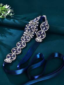 1 pieza Cinturón nupcial hecho a mano con strass azul marino, cinta de satén ajustable adecuada para boda, fiesta formal y decoración de vestido de noche - Azul marino - Ver 10
