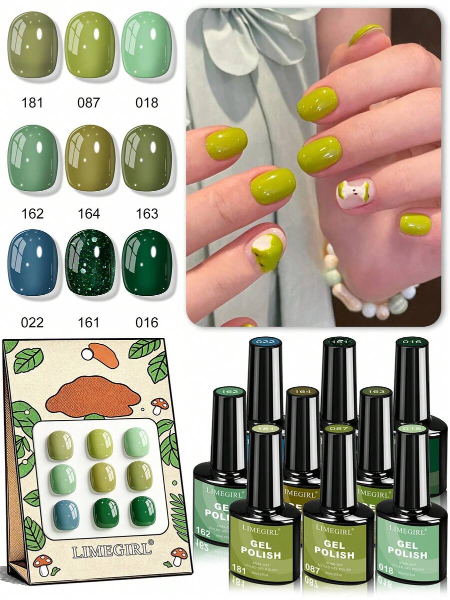 LIMEGIRL 9 pièces Ensemble de vernis à ongles en gel vert et bleu, kit de vernis à ongles semi-permanent à trempage UV LED, vernis à ongles longue durée, série verte fraîche pour 4 saisons pour femmes, salon DIY Nail Art