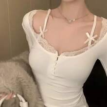 Camiseta negra Y2K con lazo y cuello Halter para mujer, camisetas blancas ajustadas de manga larga con botones, ropa de Balletcore dulce - Negro - Ver 3